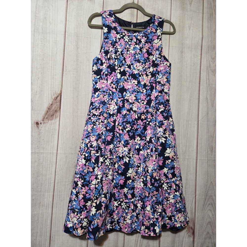 Liz Claiborne Floral Fit and Flare Dress Navy Blue Purple Pink Sleeveless Sz 10